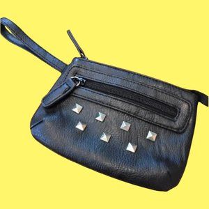 ZARA Black Faux Leather Gold Studded Wristlet Clutch EUC